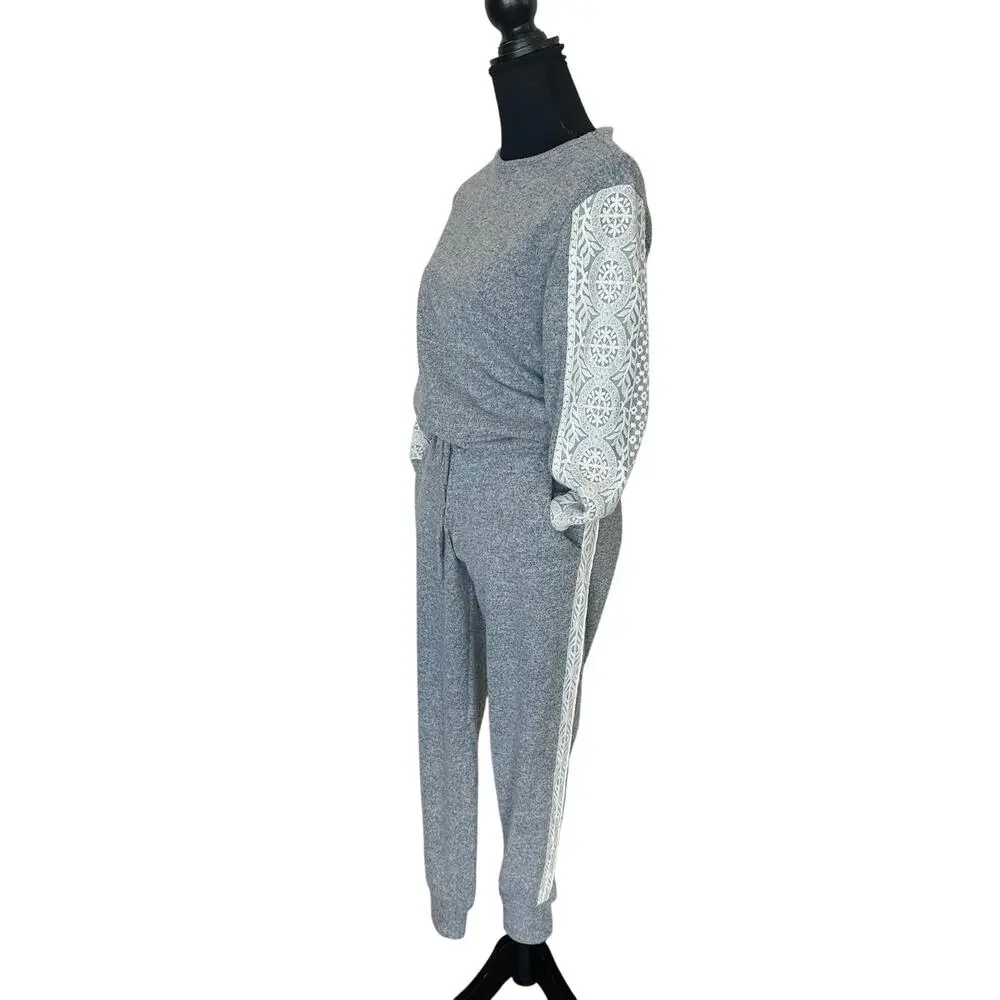 Flora Nikrooz Gray Soft Pajamas SMALL Lace Set Cozy Loungewear Romantic $88 - Picture 7 of 10